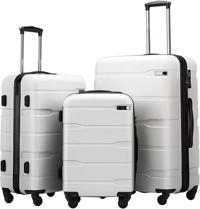 Coolife Luggage Expandable 3 Piece Sets PC+ABS Spinner Suitcase 20 inch 24 inch 28 inch (white, 3 piece set)