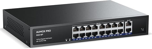 16 Port Gigabit PoE Switch,AUMOX PRO SG518P 18 Ethernet Unmanaged PoE with 2 Gigabit Uplink 250W,Plug and Play,Sturdy Metal Desktop, Wall Mount or Rackmount Network Switch, 802.3af/at Compliant