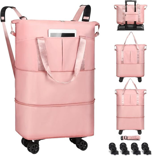 VOOWO Duffel Bag with Wheels - Rolling Foldable Expandable Duffle bags for Travel, Rolling Under Seat Luggage Carry On Travel Bag, Large Wheeled Overnight Weekender Bag (Pink)