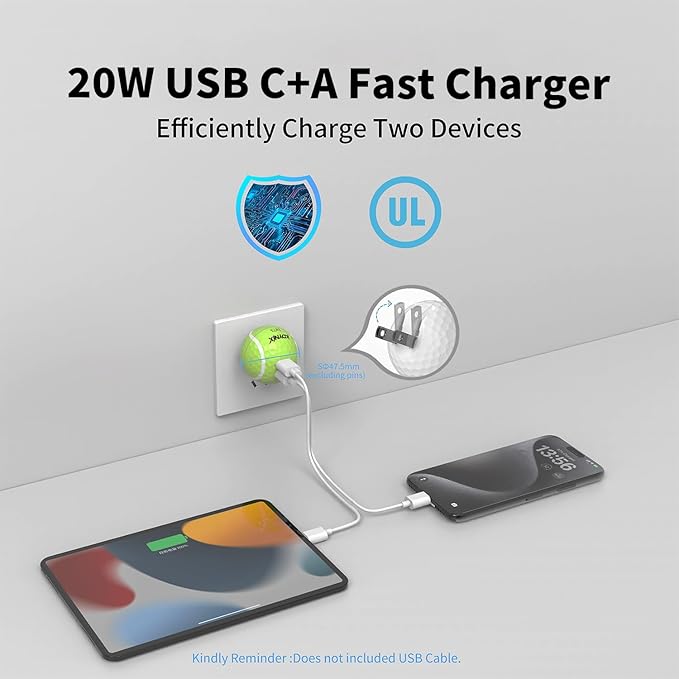 20W Dual Port Creative Golf Ball Charger Block， GaN III Power Adapter Fast Wall Charger with UL Certified, Fast Charging for iPhone 16/16 Pro/16 Pro Max/16 Plus/15/14/13/12, Galaxy, iPad, Airpods