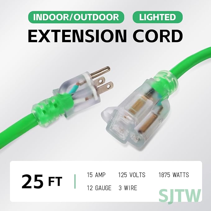 EP 25 Ft Outdoor Extension Cord, 12/3 SJTW Heavy Duty Waterproof Power Cable, 3 Prong Grounded Plug, Lighted End, for Lawn, Garden, Appliances, Green