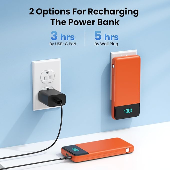 AONIMI Portable Charger 13800mAh Power Bank with Built-in Cables,LCD Display Fast Charging USB C Battery Pack,4 Outputs Travel Essential Portable Phone Charger for iPhone 16/15/14/13,Android (Orange)