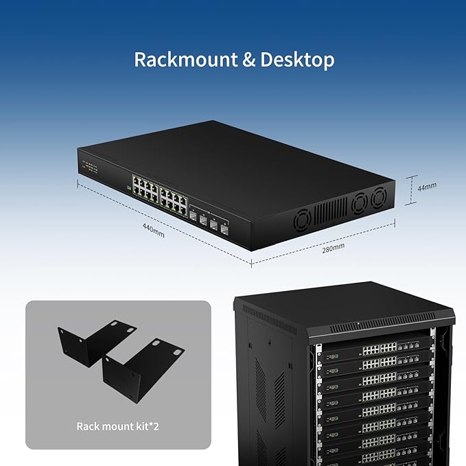 16 Port 2.5G Network Ethernet Switch, 16 x 2.5Gb RJ45 Ports, 4 x 10G SFP Slots, 240Gbps Switching Capacity, Desktop or Rack Mount/Metal Case/Fan Cooling/Plug and Play Unmanaged