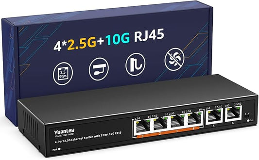 6 Port 10G Ethernet Switch Unmanaged, 4 x 2.5G Base-T Ports, 2 x 10Gb RJ45 Ports, Compatible with 100/1000/2500Mbps, Metal Fanless, VLAN, YuanLey 2.5Gbe Network Switch for 2.5G/10G NAS, Wireless AP