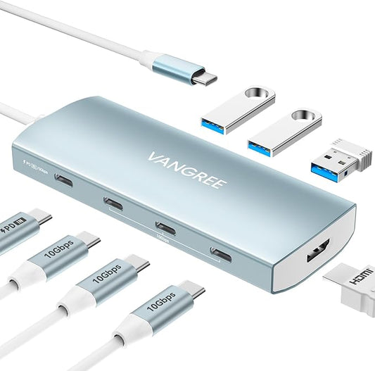 USB C Hub 8 in 1 Multiport Adapter, 3 USB 3.2 Gen 2 Ports with 10Gbps, 3 USB-A 3.0 5Gbps, 4K@60Hz HDMI, 100W PD, USBC Splitter for MacBook Pro, iPad Pro, Mac mini and More(Not Support USB-C Monitor)