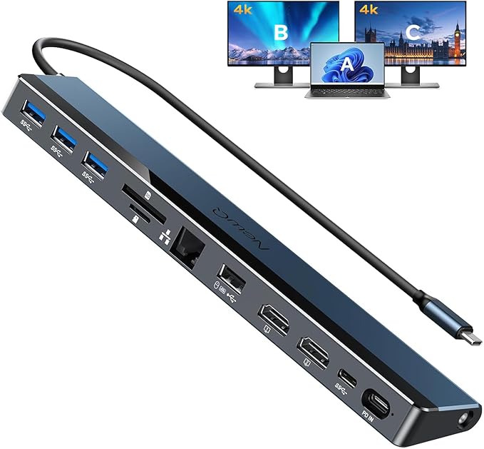USB C Docking Station Dual Monitor, 12-in-1 Laptop Dock with Dual HDMI 4K@30~60Hz, PD-in 100W, 5Gbps USB Ports*4, SD/TF Slot, Gigabit Ethernet, 3.5mm Audio for MacBook/Dell/HP/Lenovo/Asus/Acer