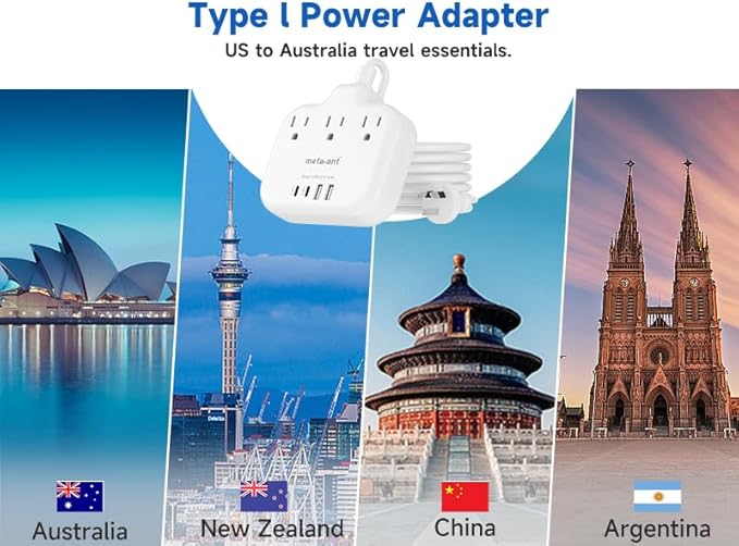 Australia New Zealand Power Adapter USB C, meta-ant Australia Travel Adaptor with 3 American Outlets 4 USB Charger(2 USB-C), 5FT Extension Cord, Type I Plug Adapter for US to AU China Argentina Fiji