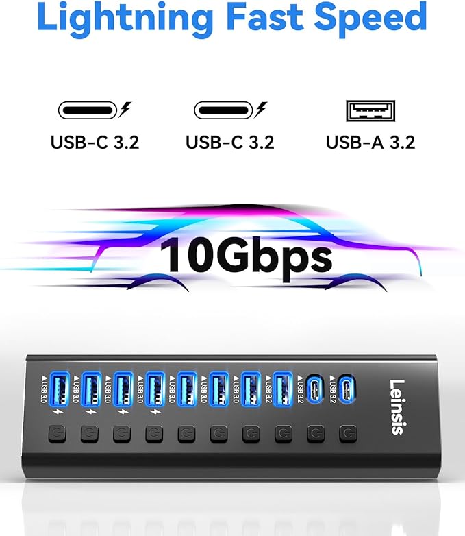 Powered USB Hub 3.2, LEINSIS 10-Port USB 3.2/USB C Hub (10Gbps USB-A 3.2 +2 USB-C 3.2 +7 USB 3.0 Ports) with Individual On/Off Switches and 12V Power Adapter, Aluminum USB Hub Powered for Laptop PC