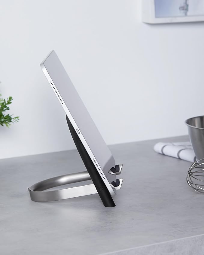 Umbra Udock Tablet/Phone Holder, Phone Easel/Tablet Easel - Great for Kitchen, Props Up Your Screen So You Can Follow Along with Recipes, Read/Watch Online Content, Black/Nickel Finish