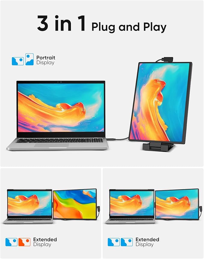 Laptop Screen Extender, 14" FHD 1200P IPS External Portable Monitor for Laptop, Plug & Play Dual Screen Monitor for 14"-17" Laptops, Compatible with Mac, Wins, Chrome, Android, Dex