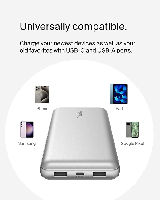 Belkin Portable Charger, USB-C Power Bank 20000 mAh w/ 1xUSB-C Port & 2xUSB-A Ports, 15W w/Type-C to Type-A Cable for iPhone 17, Samsung Galaxy S25, Nintendo Switch 2, Google Pixel 10, etc. - Silver