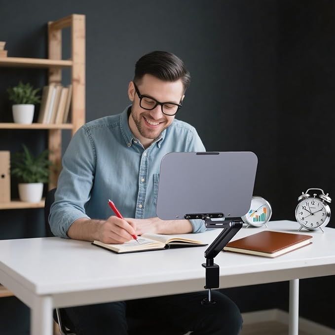 ASIEIT Desk Clamp Book Stand, Aluminum Book Holder Adjustable Height & Angle, Cookbook Stand for Kitchen, Recipe Book Holder with 360° Swivel Base, Book Stand for Reading, Office, Laptop