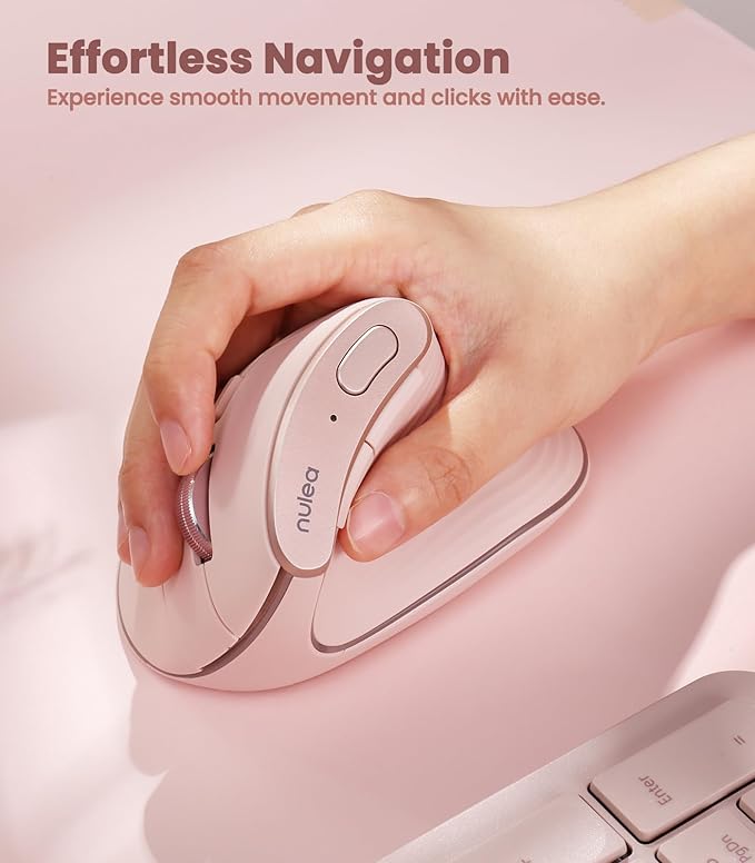 Nulea M510 Vertical Mouse Wireless, Ergonomic Mouse for Comfy Tracking, 3 Adjustable DPI (800-1200-1600), 2.4G Wireless Vertical Mouse with 6 Buttons, Compatible with Windows, Mac OS, Laptop, PC,Pink