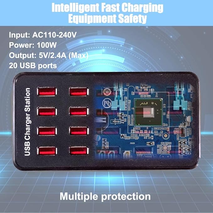 MaxLax 20-Port USB Charger Station, 100W/20A, Compatible with Smartphones, Tablets, and Other USB Devices