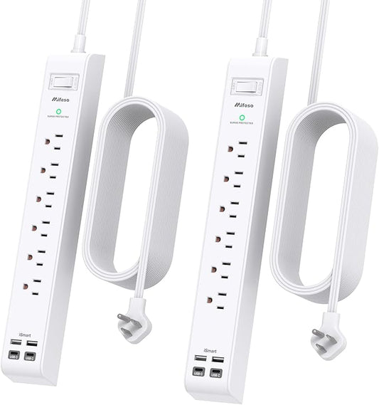 2 Pack Power Strip, 15FT Long Extension Cord, Surge Protector with 6 Outlets and 4 USB Charging Ports(2 USB C), Flat Plug Overload Protection, Wall Mount for Home Office Dorm College