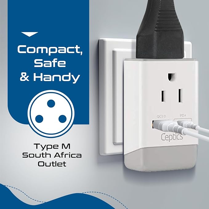 Ceptics South Africa Travel 2 Pack Plug Adapter QC 3.0 & PD, Safe Dual USB & USB-C - 2 USA Socket Compact & Powerful - Use in S. Africa Botswana - Type M AP-10L - Fast Charging