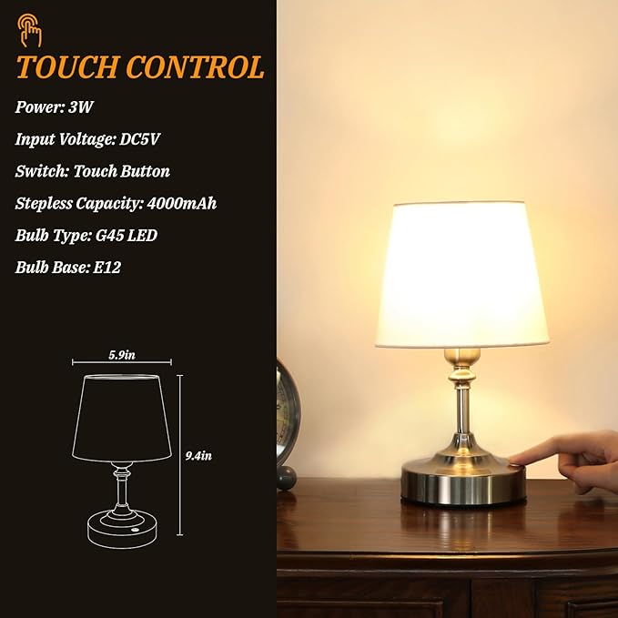 Kakanuo Mini Cordless Table Lamp Silver - 1 Pack 4000mAH Battery Operated Lamp for Decor, 3000K Stepless Dimming Touch Rechargeable Lamp for Bedroom, Dining Table, Counter, Living Room