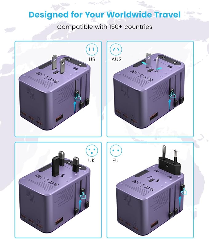 Universal Travel Adapter, VINTAR 75W GaN International Power Adapter with 3 USB-C PD and 2 USB-A QC Chrging Ports, All-in-one Outlet Converter Wall Charger for Europe UK USA AUS(Type C/G/A/I), Purple