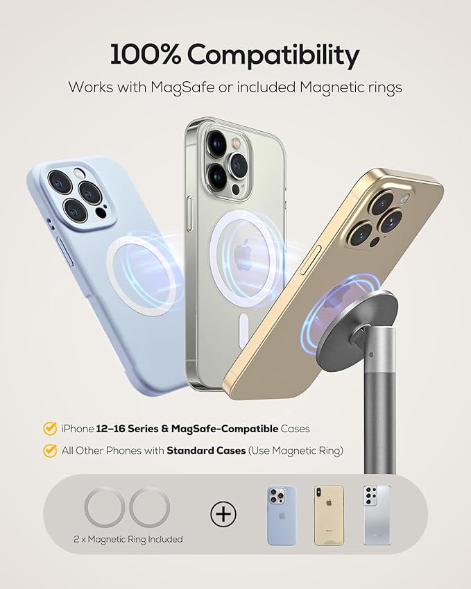 Nulaxy Magnetic Full Aluminum Cell Phone Stand with Metal Ring, 360 Rotating Phone Stand for Desk, Office Accessories Adjustable Phone Holder Compatible with All Phones MagSafe Case, Gray