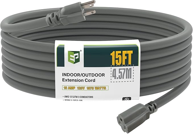 EP 15 Ft Outdoor Extension Cord, 12/3 SJTW Heavy Duty Extension Cable with 3 Prong Grounded Plug, 15 AMP Power Cord for Lawn, Garden, Appliances, Gray