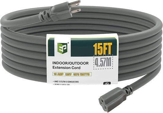 EP 15 Ft Outdoor Extension Cord, 12/3 SJTW Heavy Duty Extension Cable with 3 Prong Grounded Plug, 15 AMP Power Cord for Lawn, Garden, Appliances, Gray