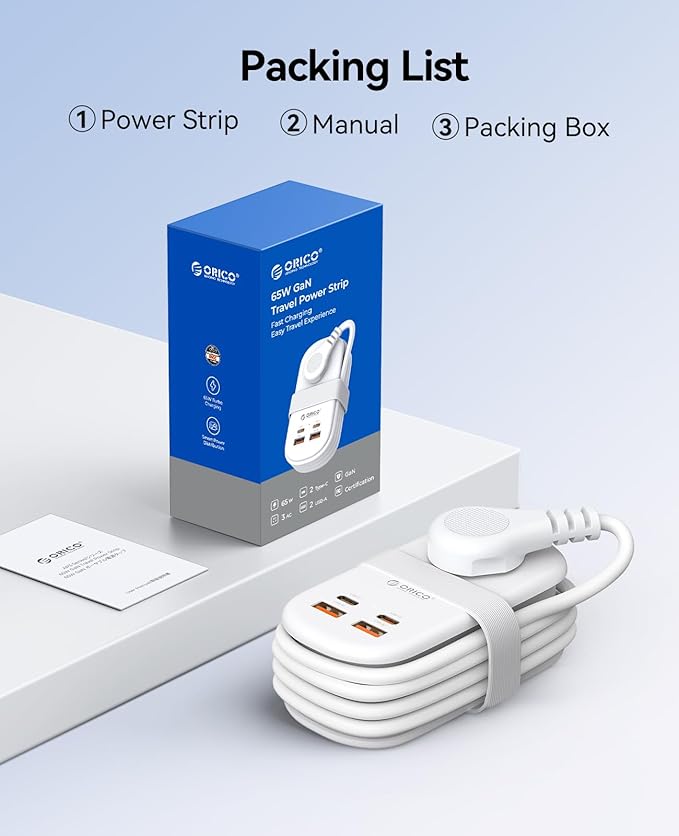 ORICO 65W GaN Travel Power Strip with 7-in-1 Charging Ports (3 AC Outlets/2 USB-A/2 USB-C), Flat Plug and 4FT Extension Cord, Fast Charger for MacBook Pro/Air, iPad Pro, iPhone 15/14/13- AP3