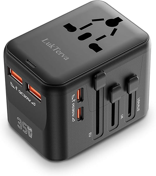 All-in-One 35W Quick Charging Universal Travel Adapter with 4 Ports (2 USB-C + 2 USB-A) - Worldwide Plug Converter for USA, EU, UK, AUS | Compact Power Adapter for International Travel