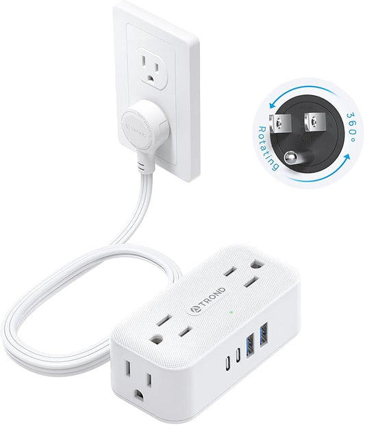 TROND 360° Rotating Flat Plug Power Strip, 5FT Extension Cord with 4 USB Ports, 4 Wide Spaced AC Outlets, Wall Mount, 900J Surge Protector for Office Travel Dorm Room Essentials, White