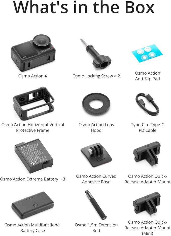 DJI Osmo Action 4 Adventure Combo, 4K/120fps Waterproof Action Camera with a 1/1.3-Inch Sensor, 10-bit & D-Log M Color Performance, Up to 7.5 h with 3 Batteries, Outdoor Camera for Travel, Biking