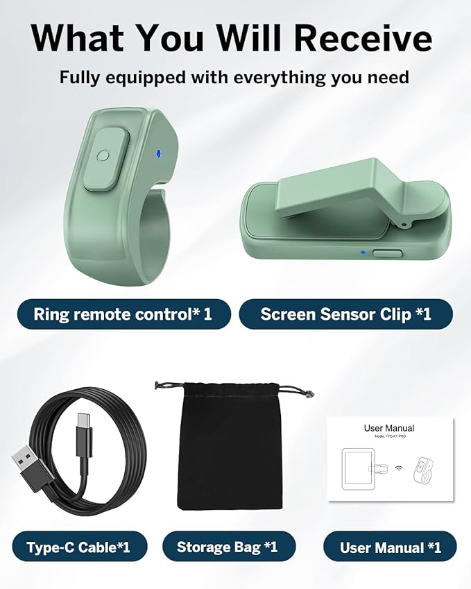 [Case-Friendly] Remote Control Page Turner Ring for Kindle Paperwhite Oasis Scribe Kobo eReaders, Camera Camcorder Remote Controls, Page Turner Clicker for iPhone ipad Tablets with Storage Bag Green