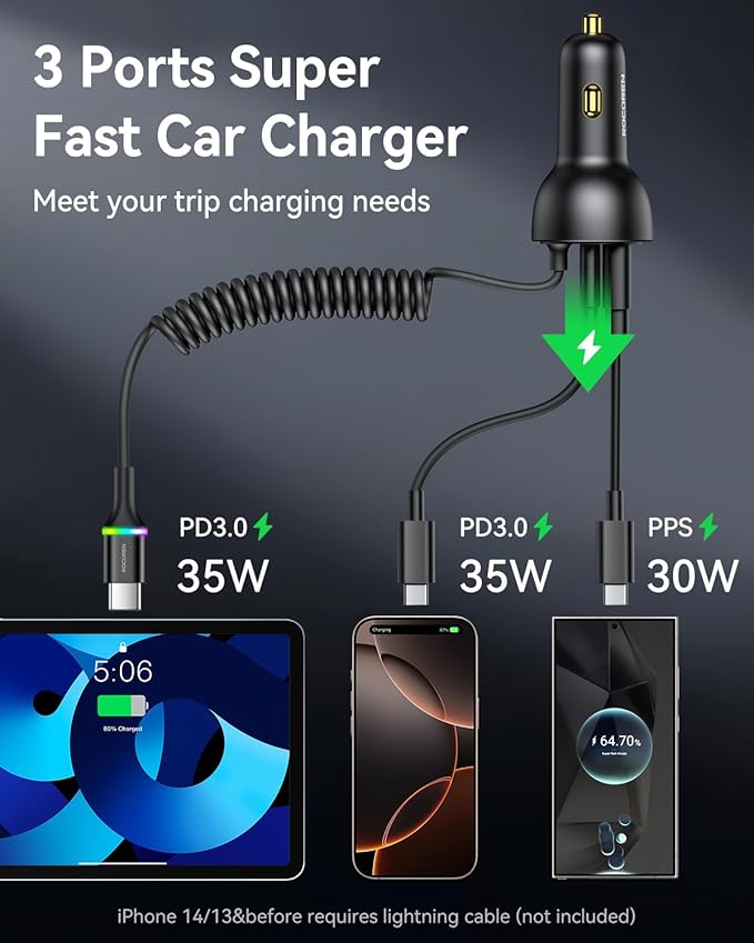 Rocoren 70W Car Charger for iPhone 17/16 Pro Max, USB C Car Charger Fast Charging with 8.2Ft Type C Coiled Cable, Super Fast Cigarette Lighter USB C Phone Adapter for iPhone 15, iPad, Samsung, Android