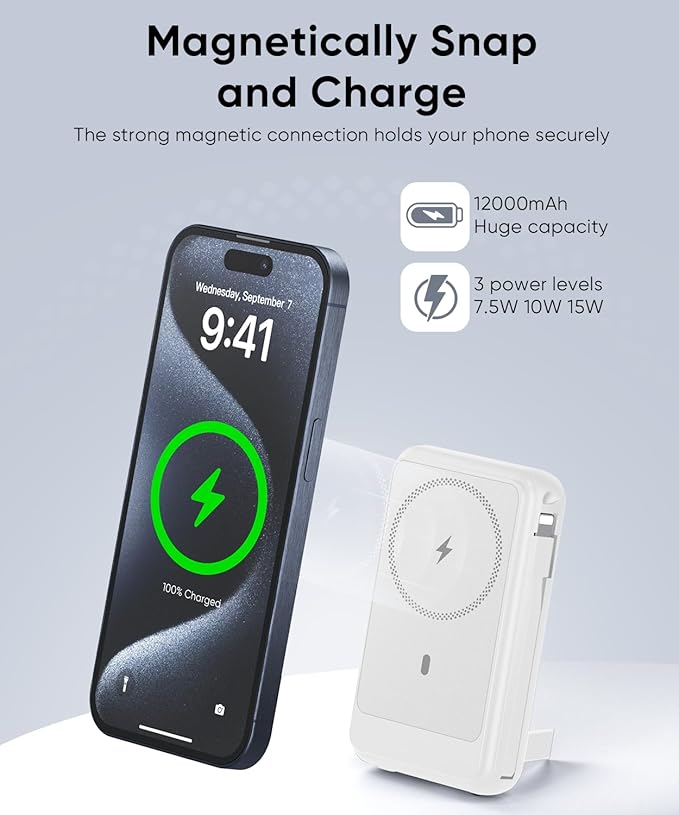 Magnetic Power Bank 12000mAh for Magsafe Portable Charger, 22.5W Fast Charger Wireless Battery Pack with Built in Cables, for iPhone 16/16 Plus/16 Pro/16 Pro Max iPhone 15/14/13/12 Series