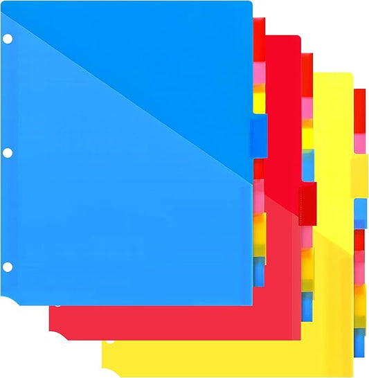 Plastic 8-Tab Dividers with Two Pockets - 3 Sets, Pocket Dividers for 3-Ring Binders, Multi-Color Binder Dividers, Total 24 Tabs