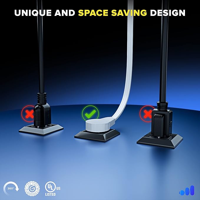 Maximm 360 Rotating Flat Plug Extension - 1ft Slim Space-Saving Plug Design, Low Profile Cord for Under Carpet (White)