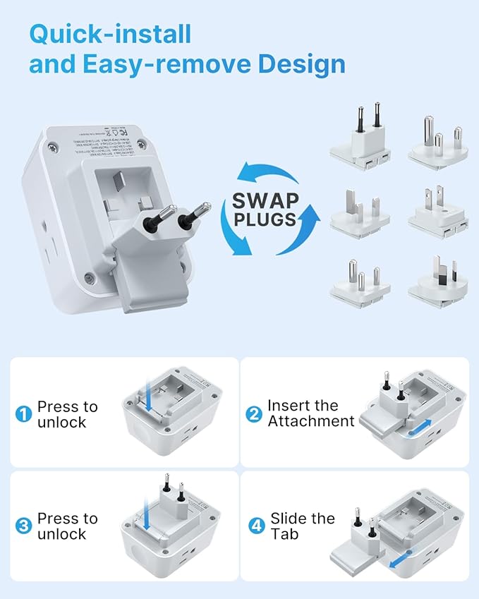 Universal Travel Adapter Kit, VINTAR International Power Adapter for Apple Watch Charger with 3 AC Outlets 4 USB Ports (2 USB C), Type A/C/D/G/I/M Detachable Plugs, US to Europe/UK/India/Africa