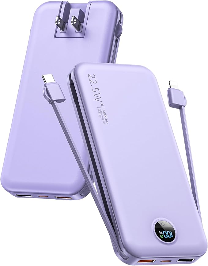 Portable Charger, 12000mAh 22.5W USB C Fast Charging Power Bank with Built-in Cables and AC Wall Plug, Smart LED Display Travel Essentials Battery Pack Compatible with iPhone, iPad, Samsung etc Purple