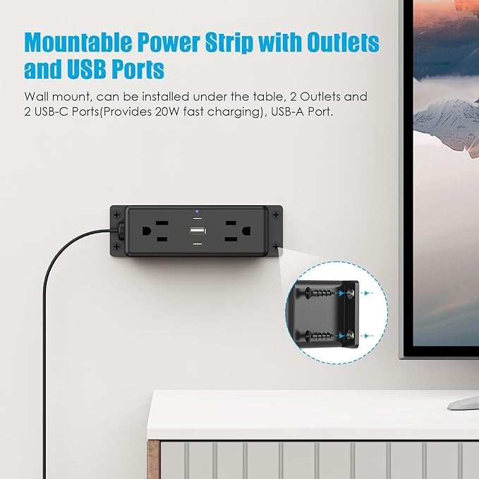 CCCEI Wall Mount Power Strip with USB Ports, Under Desk Mountable Power Strip with Outlets, 15FT Flat Plug Extension Cord Outlet, 20W USB-C Ports.