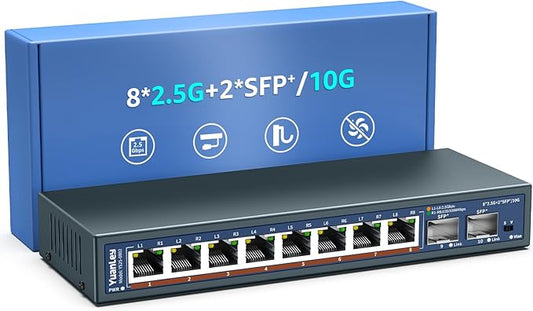 10 Port 2.5G Unmanaged Ethernet Switch, 8 x 2.5G Base-T Ports, 2 x 10G SFP, Compatible with 100/1000/2500Mbps, VLAN, Fanless, Desktop/Wall Mount YuanLey 2.5Gbe Network Switch for Wireless AP, NAS, PC