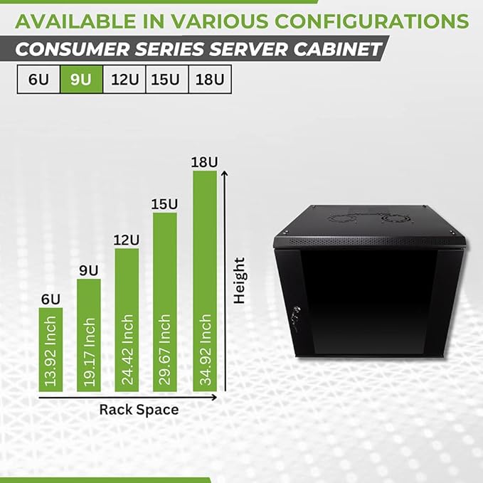 NavePoint 9U Server Rack Enclosure with Glass Door, Cooling Fan, Locks, & Removable Side Panels - 9U Wall Mount Network Cabinet 19 Inch Rack 17.7 Inches Deep