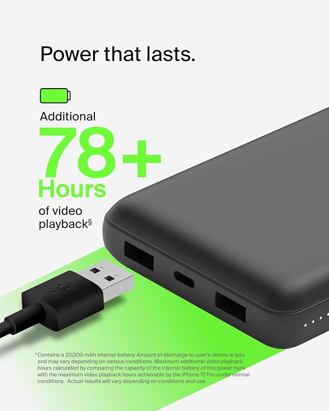 Belkin Portable Charger, USB-C Power Bank 20000 mAh w/ 2 USB-A Ports, 15W w/ Type-A to Type-C Cable for iPhone 17, Air, Pro, Pro Max, Samsung Galaxy S25, Google Pixel 10, etc. - Black