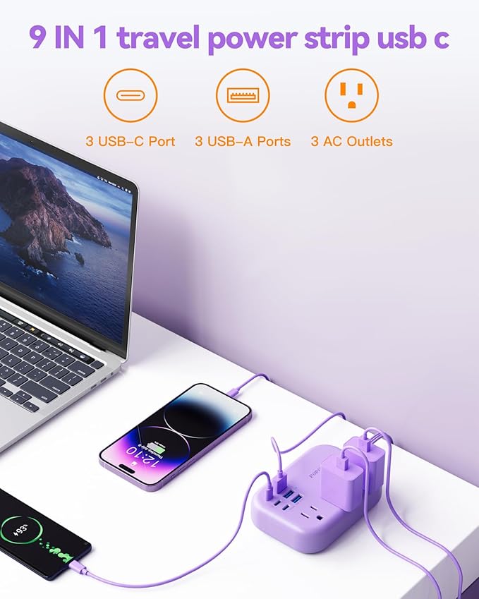 6 USB Power Strip- Purple Power Strip with 3 Outlets and 6 USB(3 USB C) 4.8A Charging Ports for iPhone 15, 5 FT Purple Extension Cord, Slim Flat Plug for Cruise Ship Essential, Office Dorm.