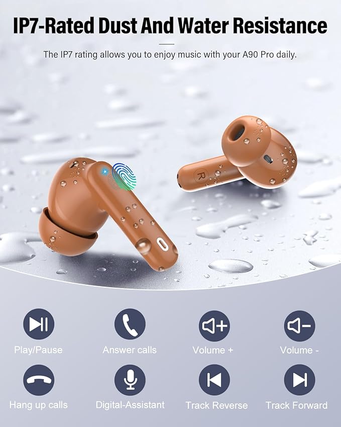 Wireless Earbuds, Bluetooth 5.4 Headphones Bass Stereo, Ear Buds with Noise Cancelling Mic, LED Display in Ear Earphones Clear Calls, IP7 Waterproof Bluetooth Earbuds for Laptop/Phones/Sports, Brown