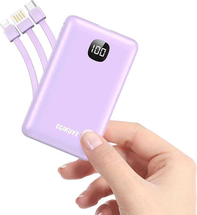 Portable Charger 10000mAh Power Bank with Digital Display, External Battery Pack with Built-in Cables, Ultra-Compact USB-C in&Out Travel Essential for iPhone, Android, Samsung etc (Purple)