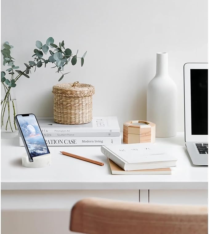 Marble Phone Stand for Desk, Cell Phone Holder for Kitchen Countertops, Office iPhone Stand, Cute Boho Modern Accessories, Italy Carrara(Matte-Finished)