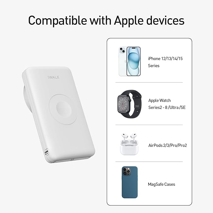 iWALK Magnetic Wireless Power Bank with iWatch Charger,10000mAh PD Fast Charging Portable Charger Compact Battery Pack Compatible with iPhone 17/16/15/14/13/12 Series,Apple Watch Ultra/8/7/6/5/4