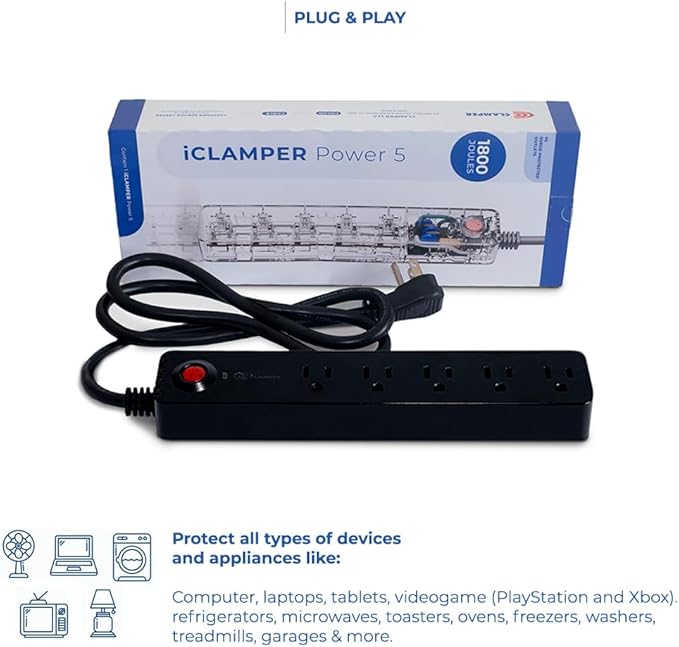 Clamper Power Strip 5-Outlet 4ft Extension Cord, Short Circuit Protection, Surge Protector 1800 Joules, 1875W, for TV, PC, Xbox, PS5 and Other Appliances, Home and Office, iCLAMPER Power 5 Black