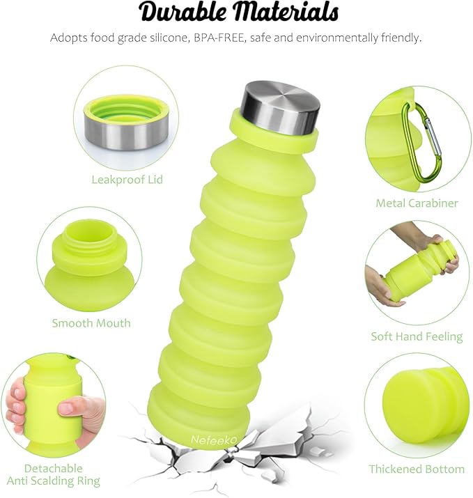 Nefeeko Collapsible Water Bottle, Reuseable BPA Free Silicone Foldable Water Bottles for Travel Gym Camping Hiking, Portable Leak Proof Sports Water Bottle with Carabiner