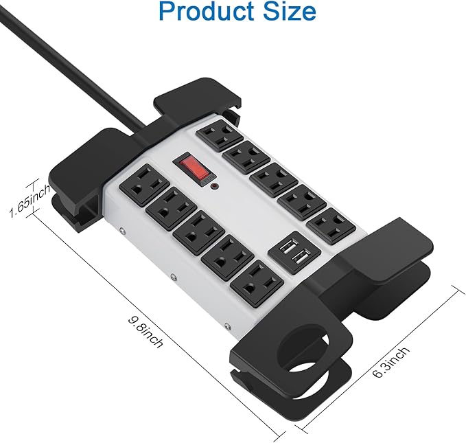 CCCEI Heavy Duty Power Strip with USB Ports, Garage 10 Outlets Surge Protector 2700 Joules, Industrial Workshop Metal 15Amp Multiple Outlets, 25 FT Extension Cord and Wide Spaced Grey