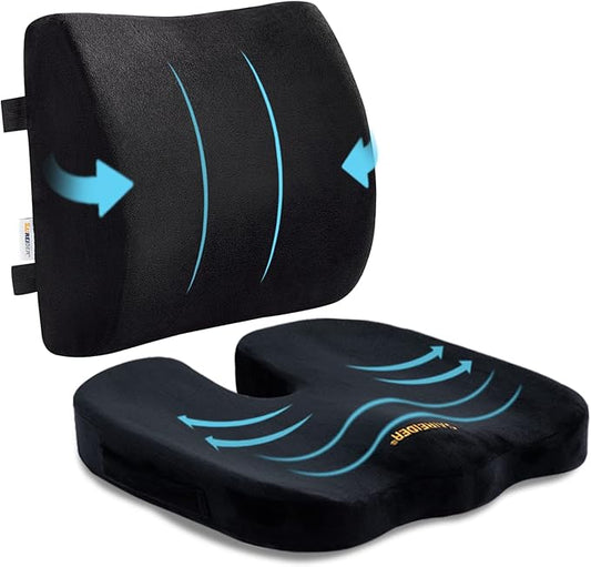 SAIREIDER Seat Cushion and Lumbar Support Pillow for Office Chair, Memory Foam Car Seat Cushions Back Support Pillows, Help Relieve Pain of Back, Lumbar, Tailbone and Sciatic Nerve（Black）