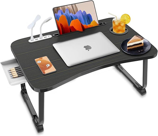 Fayquaze Laptop Bed Desk, Portable Foldable Laptop Bed Table with USB Charge Port Storage Drawer and Cup Holder, Lap Desk Notebook Stand Tray Table Serving Tray for Eating, Reading and Working